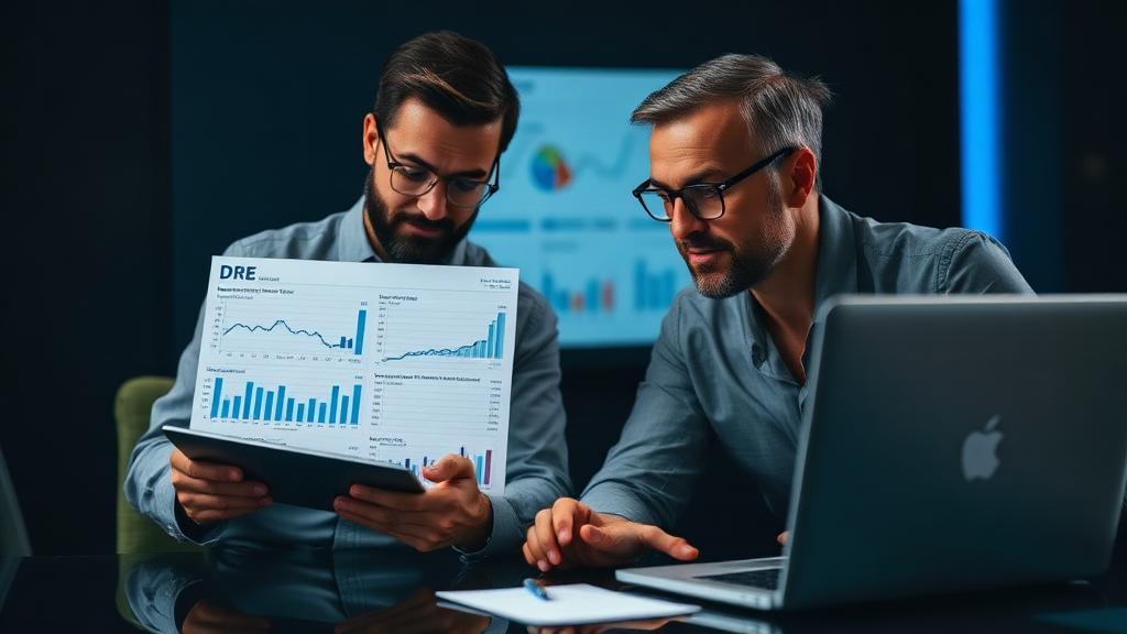 Consultores avaliando DRE fluxo de caixa e margem em reunião financeira