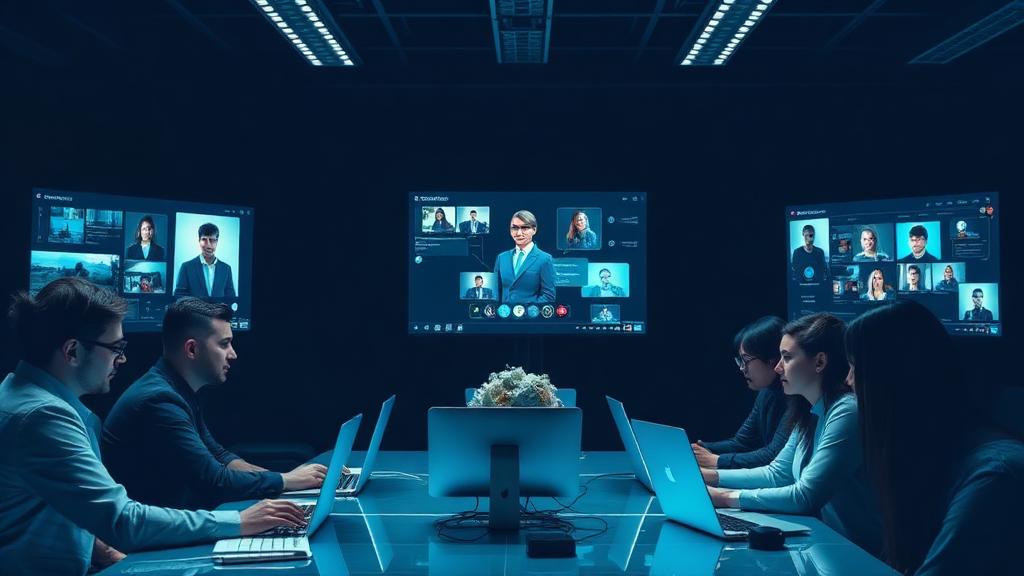 Profissionais colaborando com tecnologia e interfaces digitais no futuro do trabalho