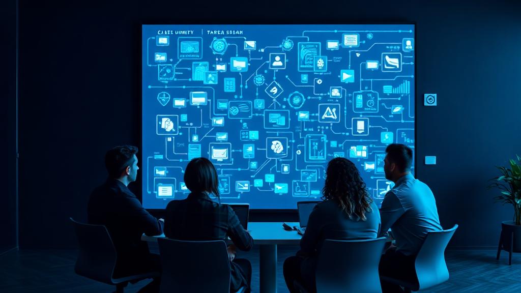 Equipe discutindo inovação e transformação digital em painel tecnológico