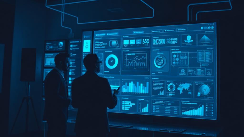 Gestores analisando sistemas conectados e dashboards de tecnologia