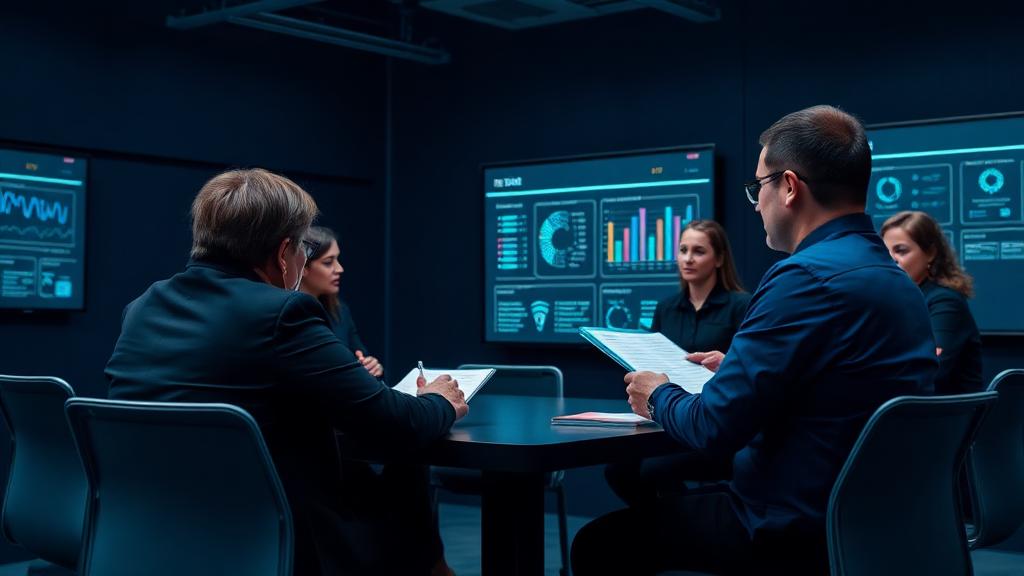 Equipe em treinamento de liderança com indicadores ao fundo