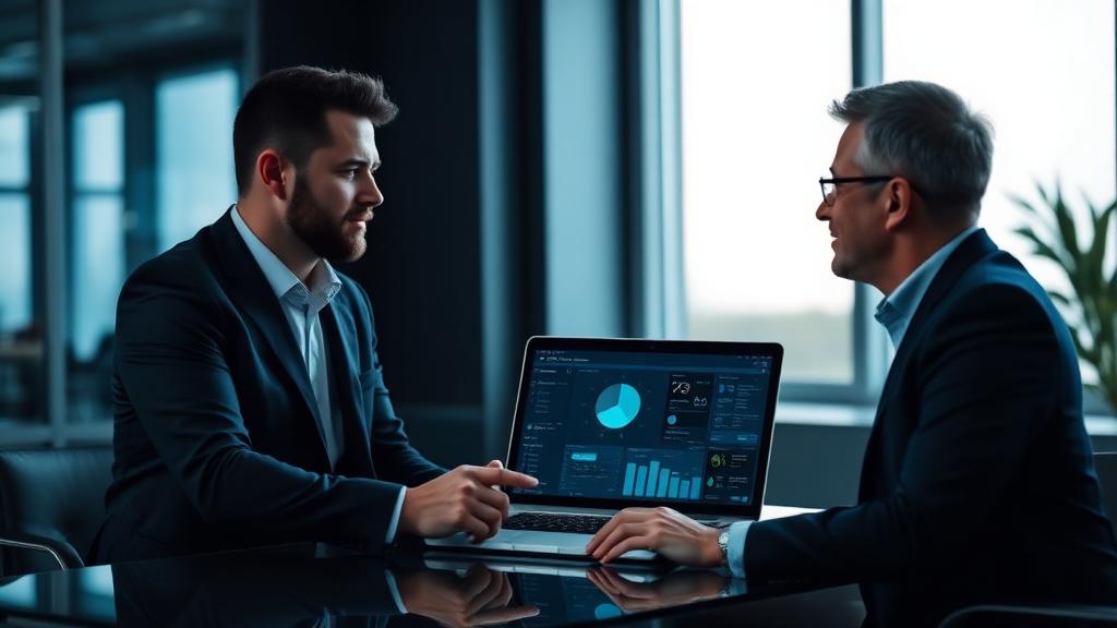 Vendedor apresentando solução consultiva para cliente com dashboard comercial